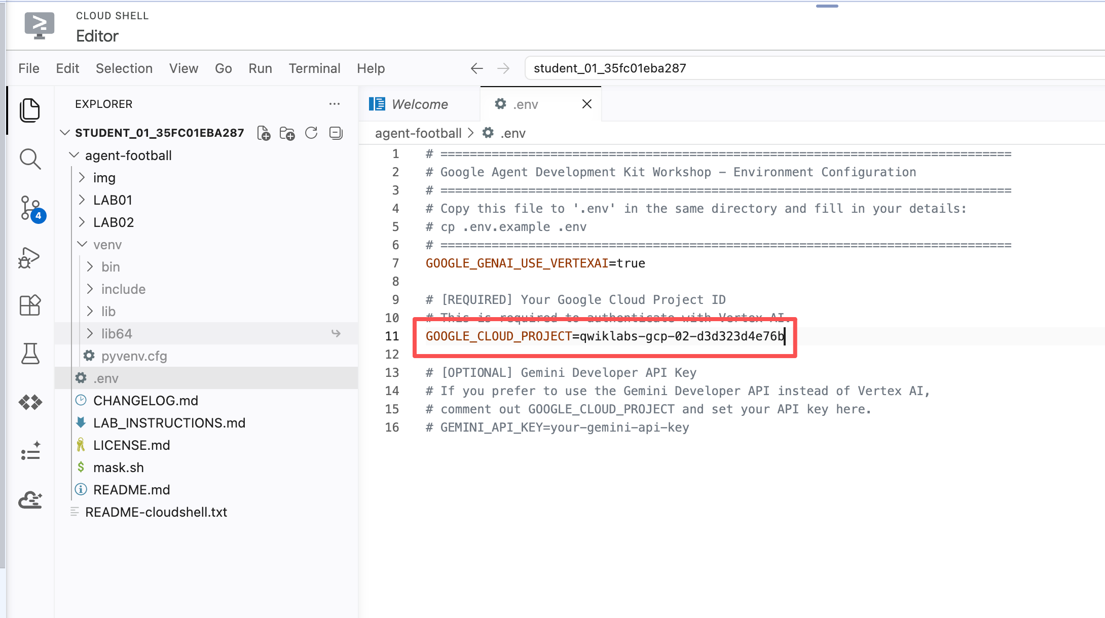 在编辑器中修改 .env 的 GOOGLE_CLOUD_PROJECT 行